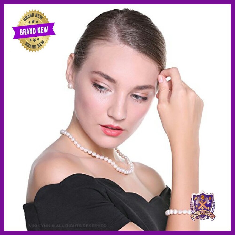 Freshwater Pearl Necklace Bracelet Earrings Set Sterling Silver 18K Gold Plated - Picture 4 of 8